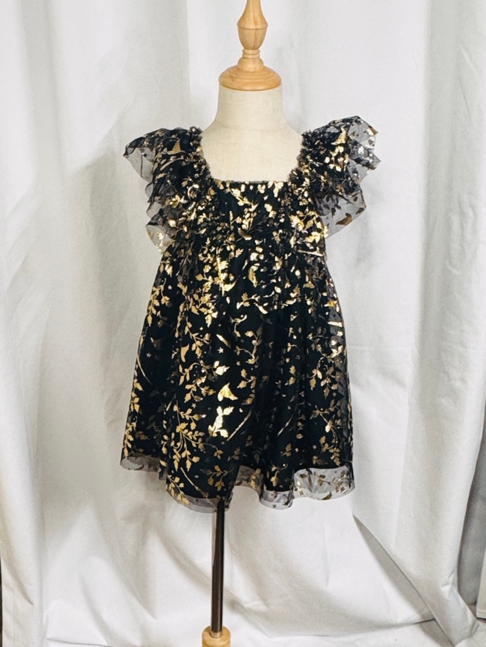 Girls' Black & Gold Foil Ruffle Sleeve Formal Dress